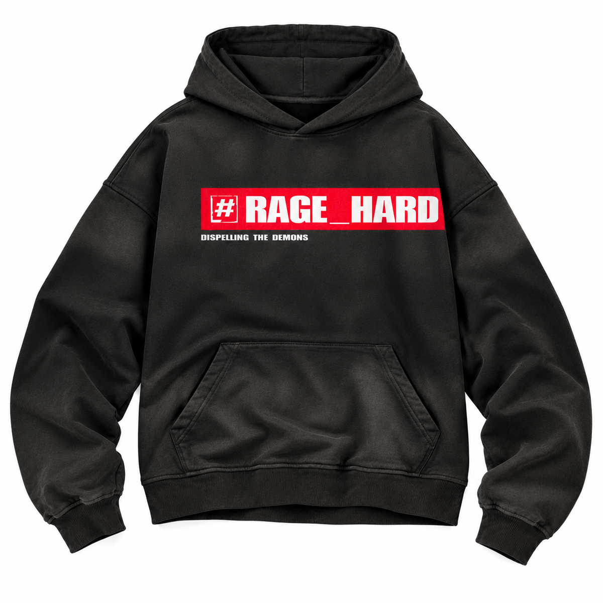 Schwarzer Washed Hoodie mit rotem RAGE_HARD Frontprint und Kängurutasche