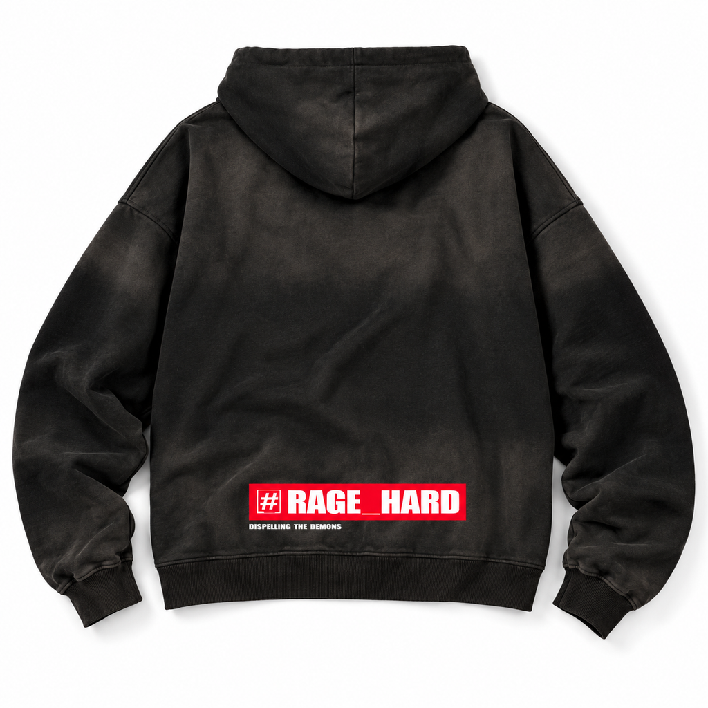 Schwarzer RAGE_HARD Hoodie mit rotem Rückenprint im unteren Rückenbereich