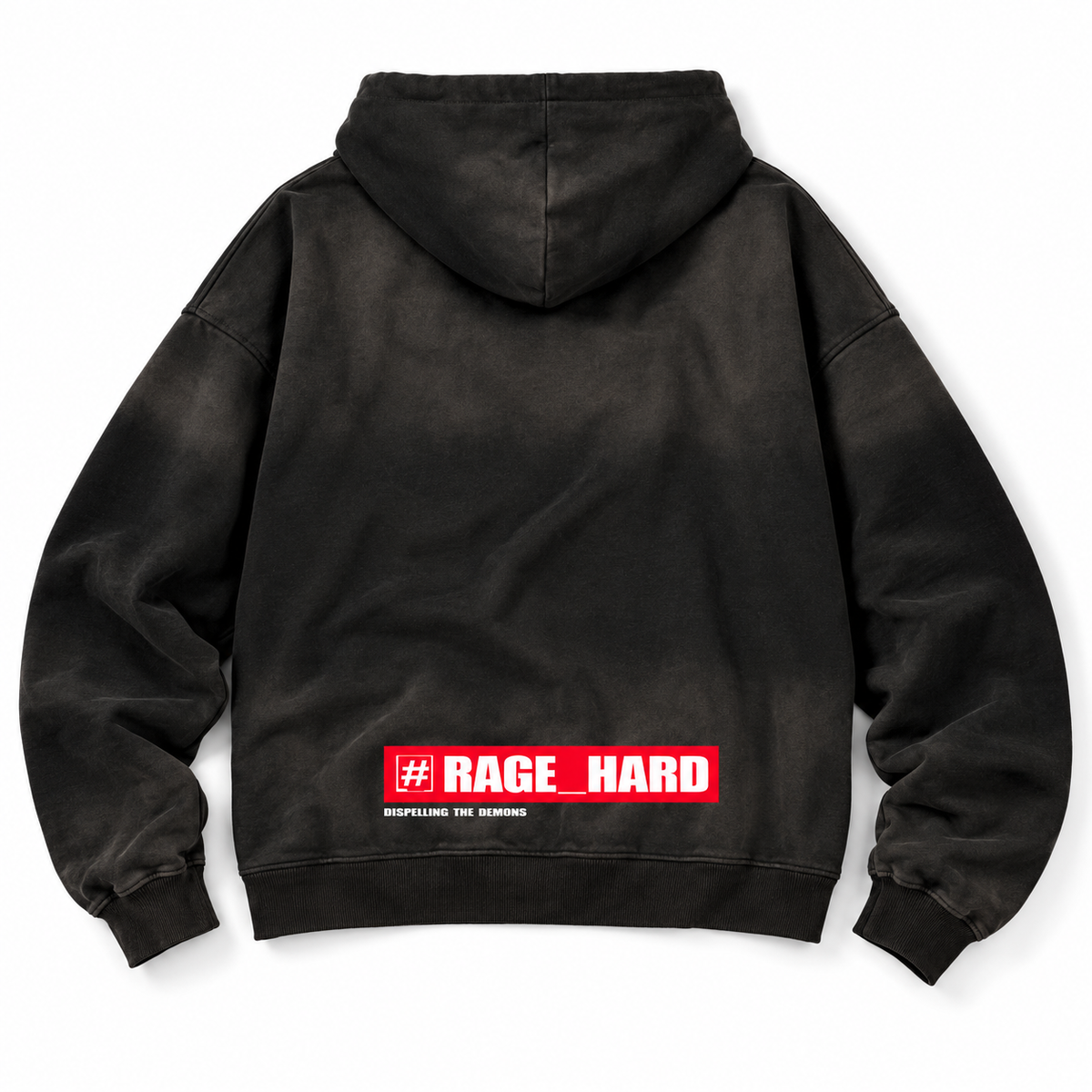 Schwarzer RAGE_HARD Hoodie mit rotem Rückenprint im unteren Rückenbereich