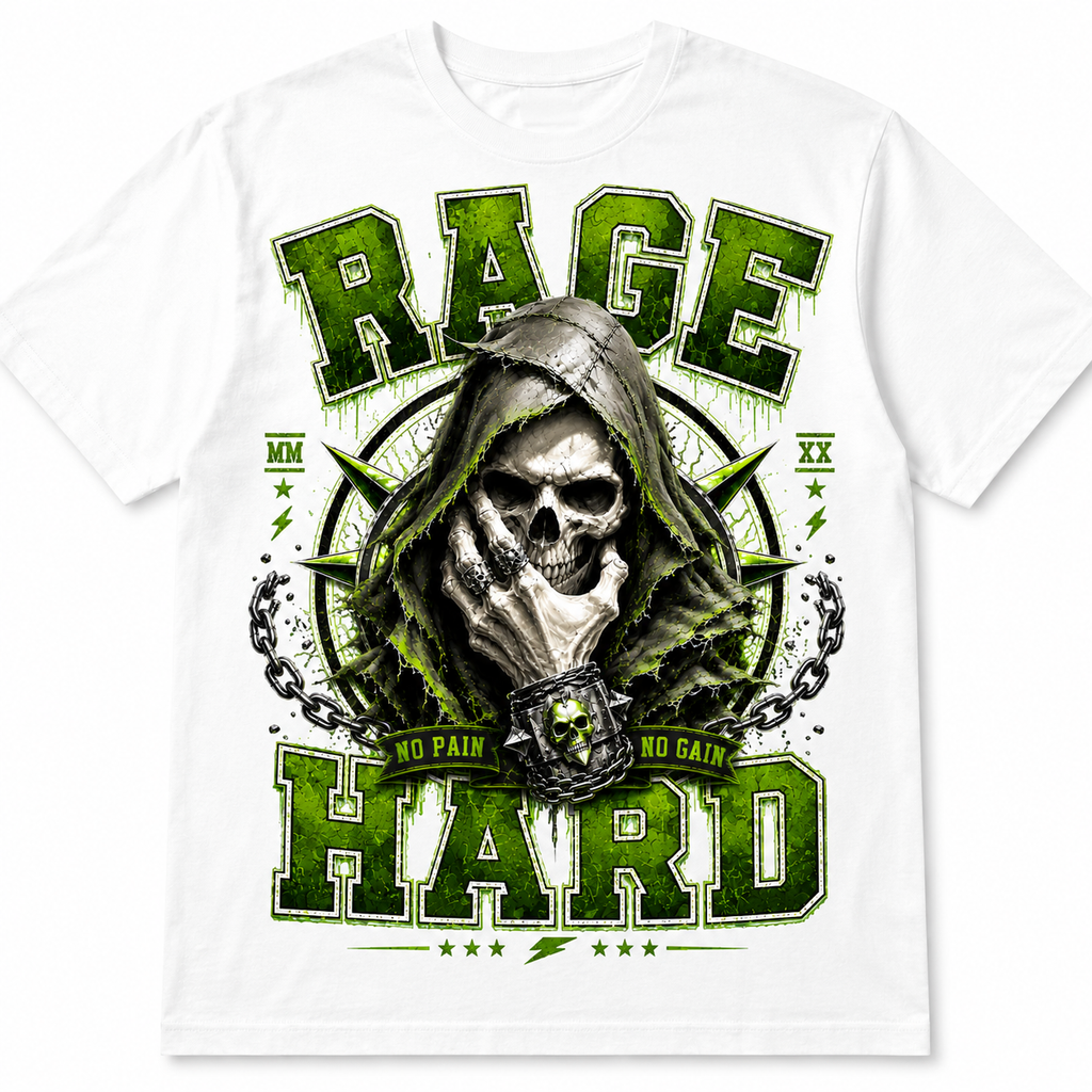 Weißes Gothic T-Shirt mit Grim Reaper Totenkopf, Ketten und grünem RAGE HARD Frontprint