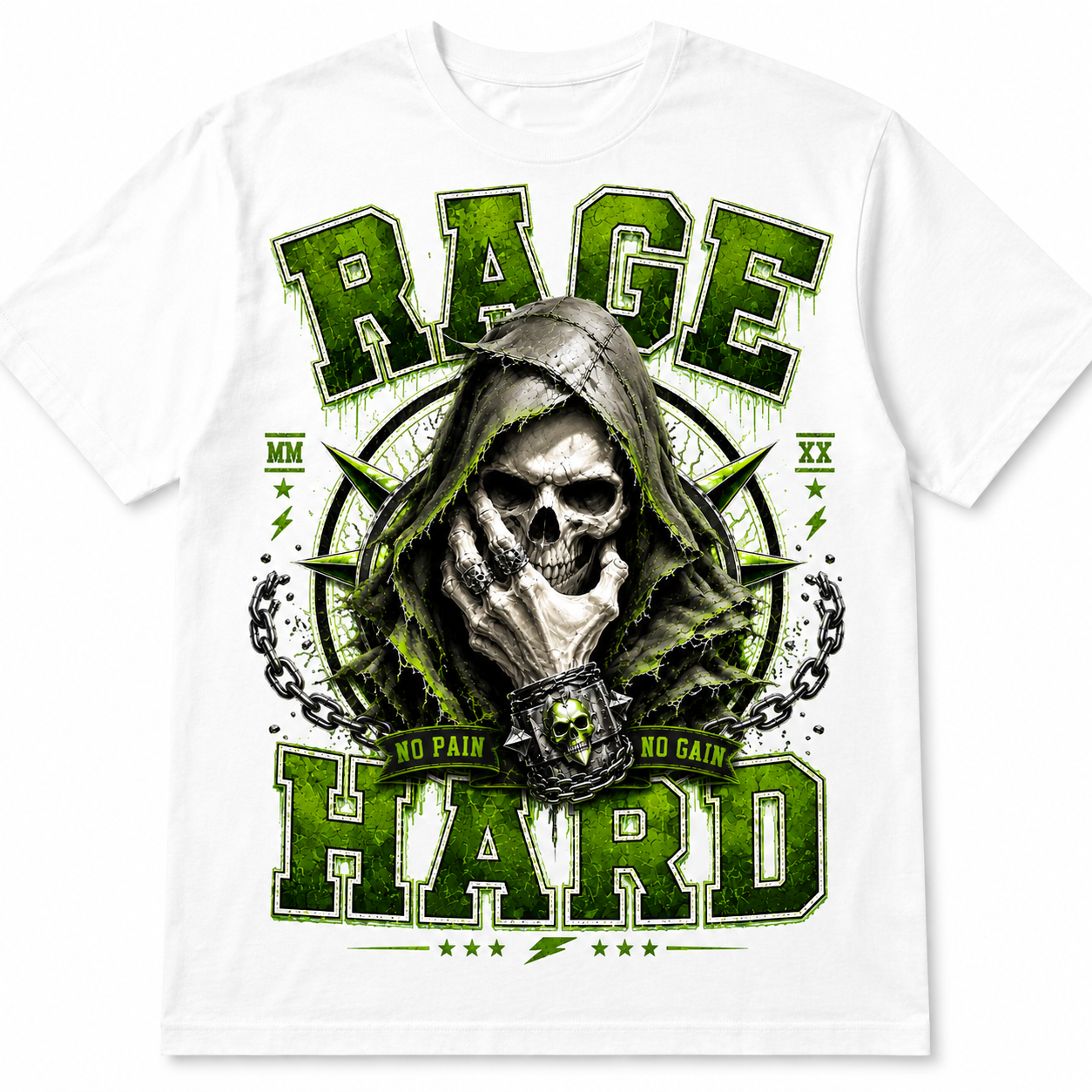 Weißes Gothic T-Shirt mit Grim Reaper Totenkopf, Ketten und grünem RAGE HARD Frontprint