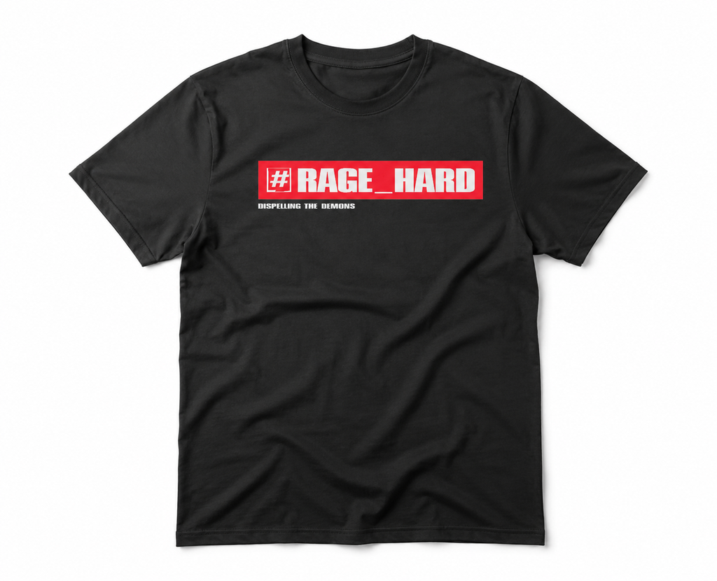 Schwarzes RAGE_HARD Streetwear T-Shirt mit rotem Print und Slogan „Dispelling The Demons“