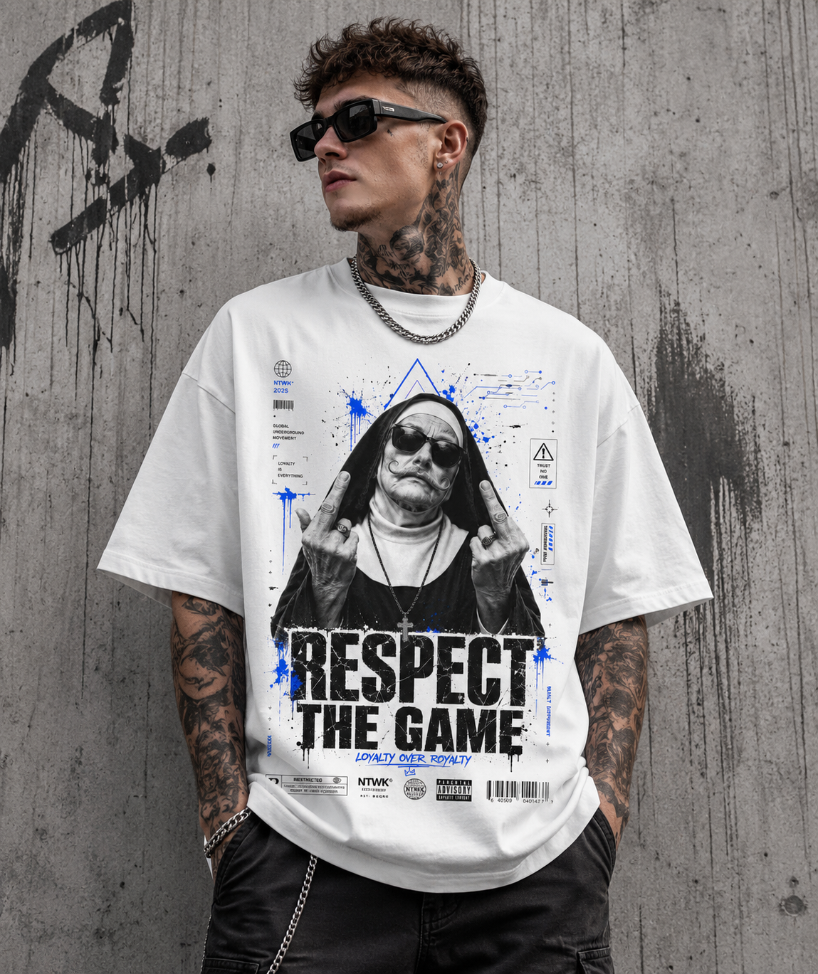 Respect The Game Streetwear Shirt mit rebellischer Nonne im Grunge-Style auf weißem T-Shirt