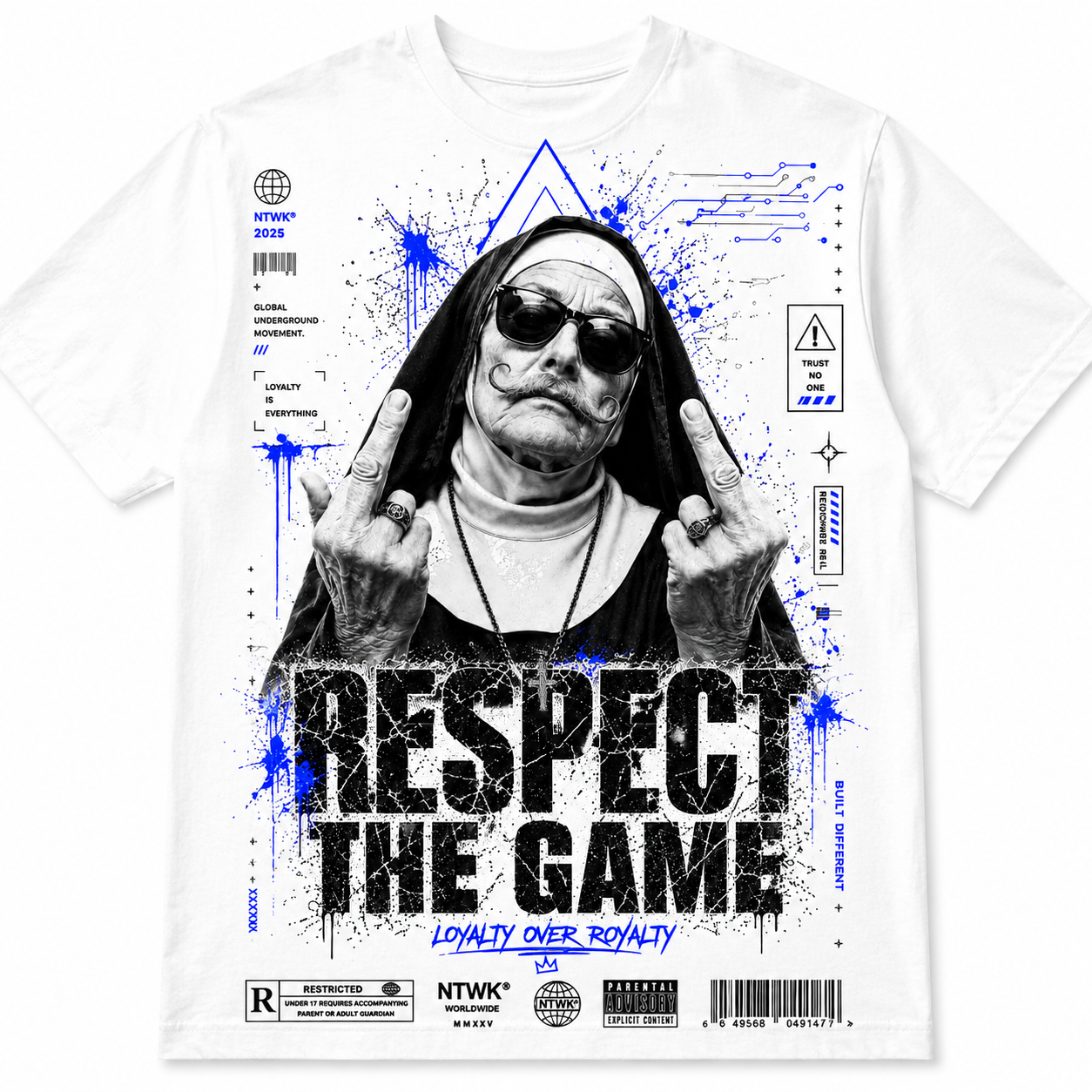 Respect The Game Streetwear Shirt mit rebellischer Nonne im Grunge-Style auf weißem T-Shirt