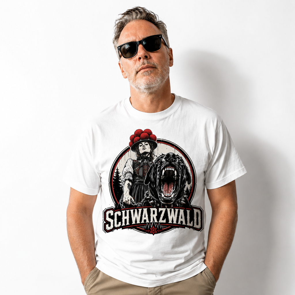 Schwarzwald T-Shirt „Black Forest“ – Vintage Bollenhut & Hund