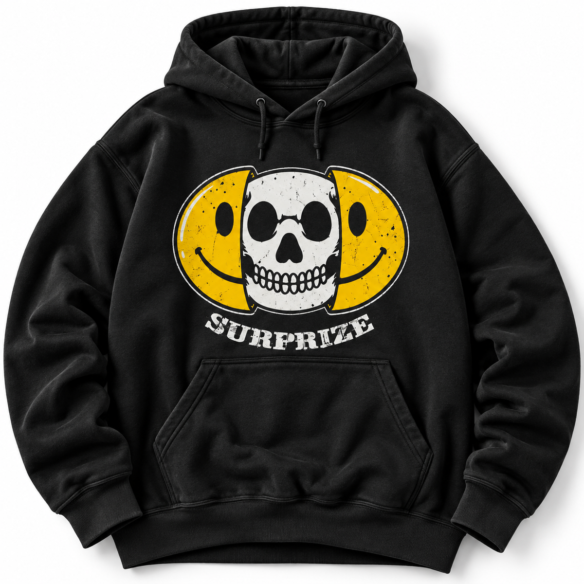 Streetwear Hoodie: "Surprize" Smiley Skull Design - Gelb-Schwarz