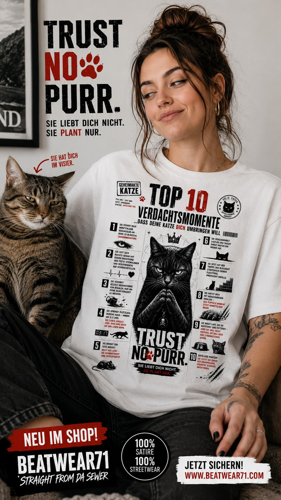 Top 10 Verdachtsmomente – Lustiges Katzen T-Shirt | Trust No Purr | Satirisches Katzen Shirt