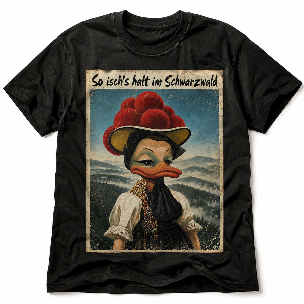 Schwarzes Schwarzwald T-Shirt mit Vintage Bollenhut-Ente und dem Spruch „So isch’s halt im Schwarzwald“ auf weißem Hintergrund
