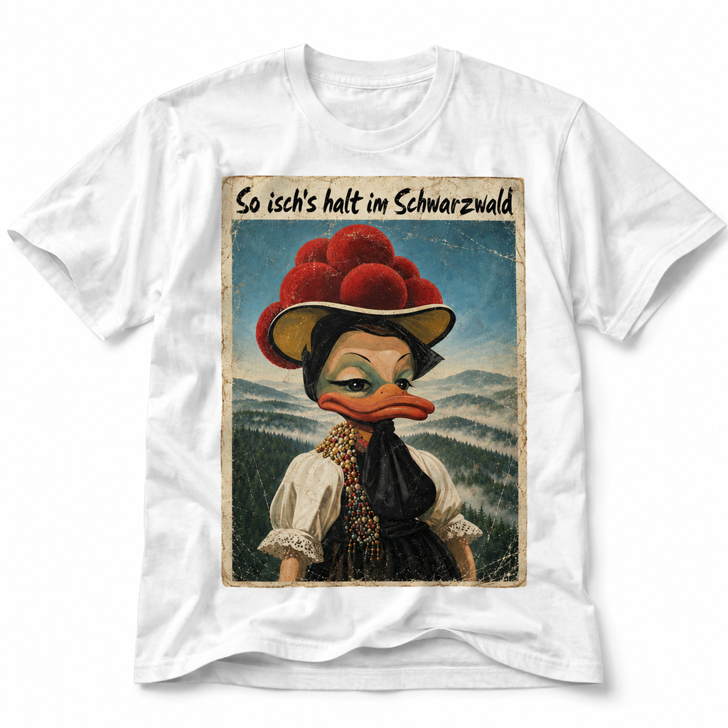 Weißes Schwarzwald T-Shirt mit Vintage Bollenhut-Ente und dem Spruch „So isch’s halt im Schwarzwald“ auf weißem Hintergrund