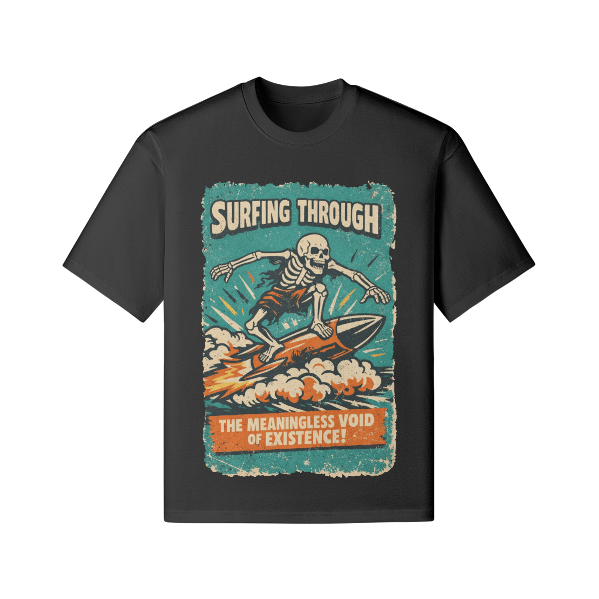 Skeleton surfing on a wave-vintage surf graphic t-shirt with nihilistic slogan