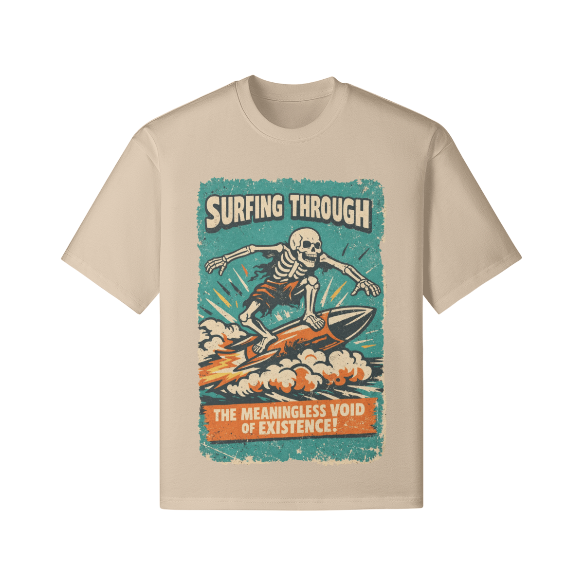 Skeleton surfing on a wave-vintage surf graphic t-shirt with nihilistic slogan