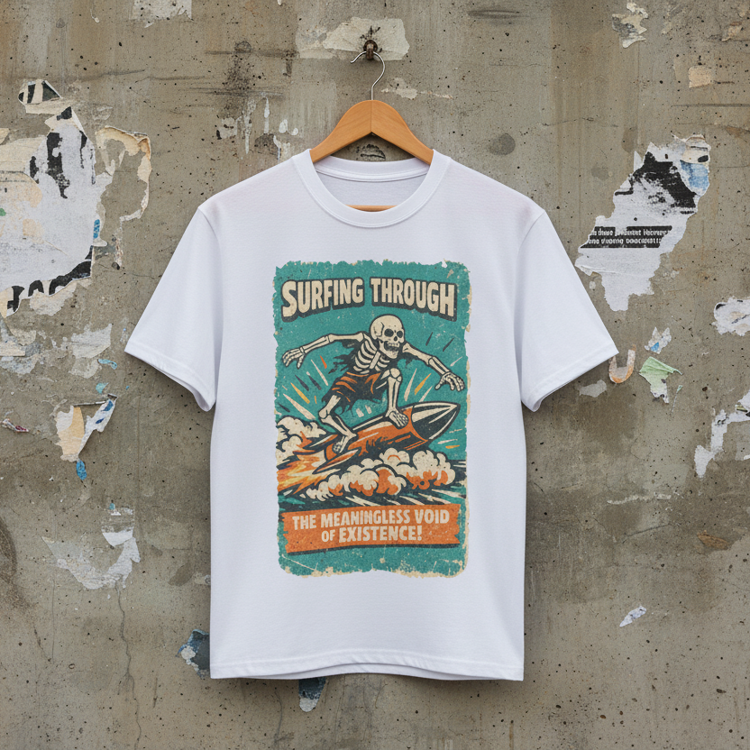 Skeleton surfing on a wave-vintage surf graphic t-shirt with nihilistic slogan