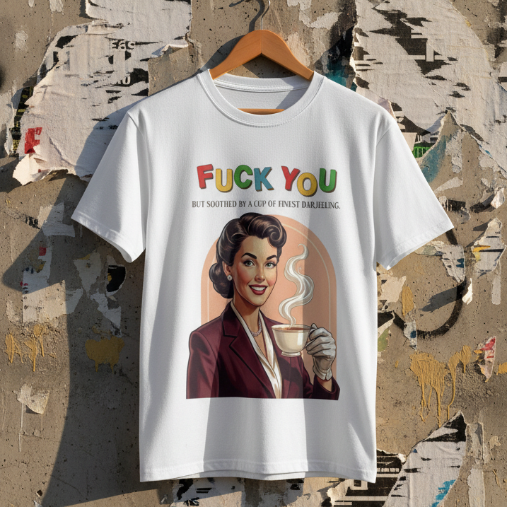 Lustiges Retro T-Shirt Tee-Liebhaber, Vintage Grafik-Shirt weiß mit Frau und Teetasse, sarkastisches Darjeeling Tee Design, Mid-Century Aesthetic Mode