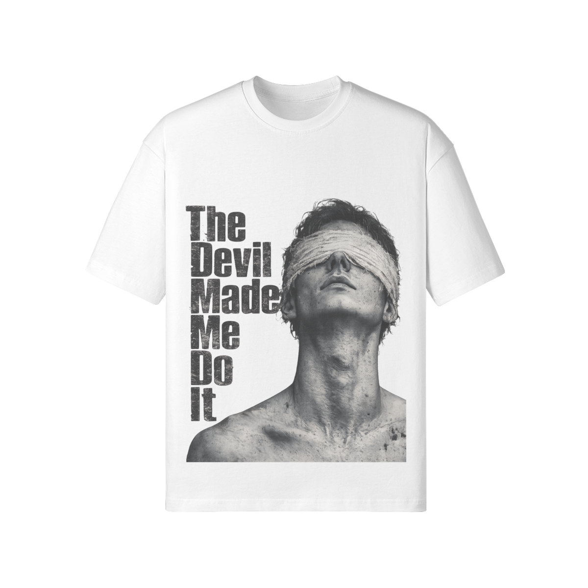 Streetwear T-Shirt weiß mit Grafik-Print, „The Devil Made Me Do It“ Spruch, ästhetisches Shirt mit Augenbinde-Motiv, Grunge Fashion Oberteil, Unisex Graphic Tee.