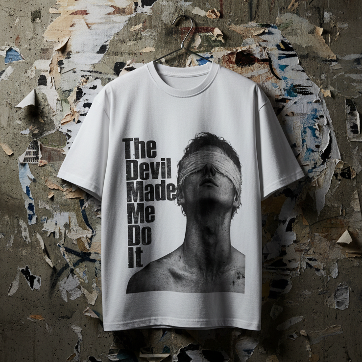 Streetwear T-Shirt weiß mit Grafik-Print, „The Devil Made Me Do It“ Spruch, ästhetisches Shirt mit Augenbinde-Motiv, Grunge Fashion Oberteil, Unisex Graphic Tee.