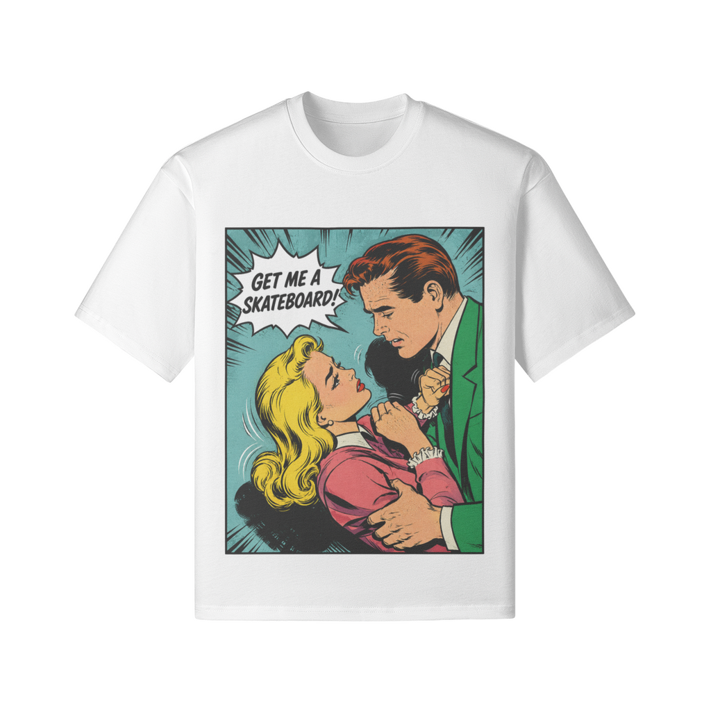 Retro Comic Skateboard T-Shirt mit Pop Art Motiv und Schriftzug Get Me A Skateboard