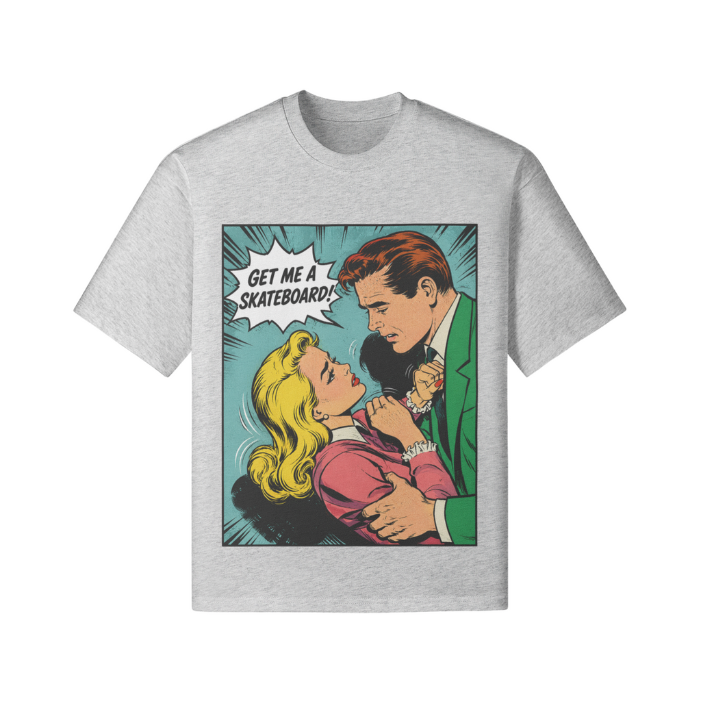 Retro Comic Skateboard T-Shirt mit Pop Art Motiv und Schriftzug Get Me A Skateboard