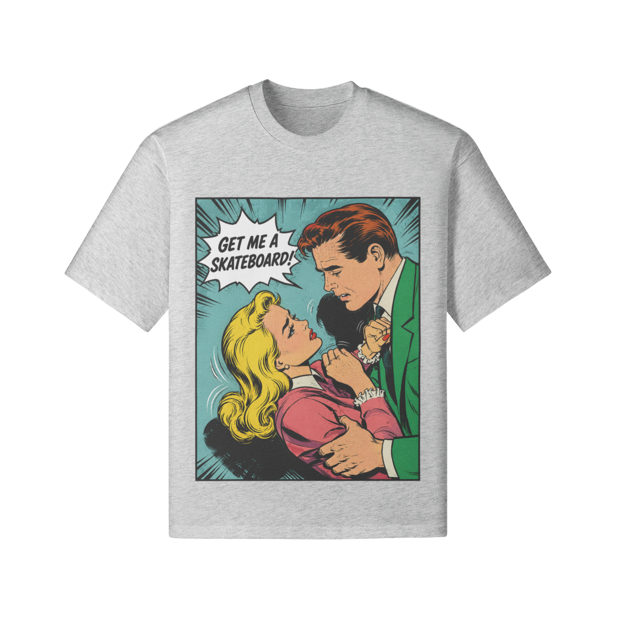 Retro Comic Skateboard T-Shirt mit Pop Art Motiv und Schriftzug Get Me A Skateboard