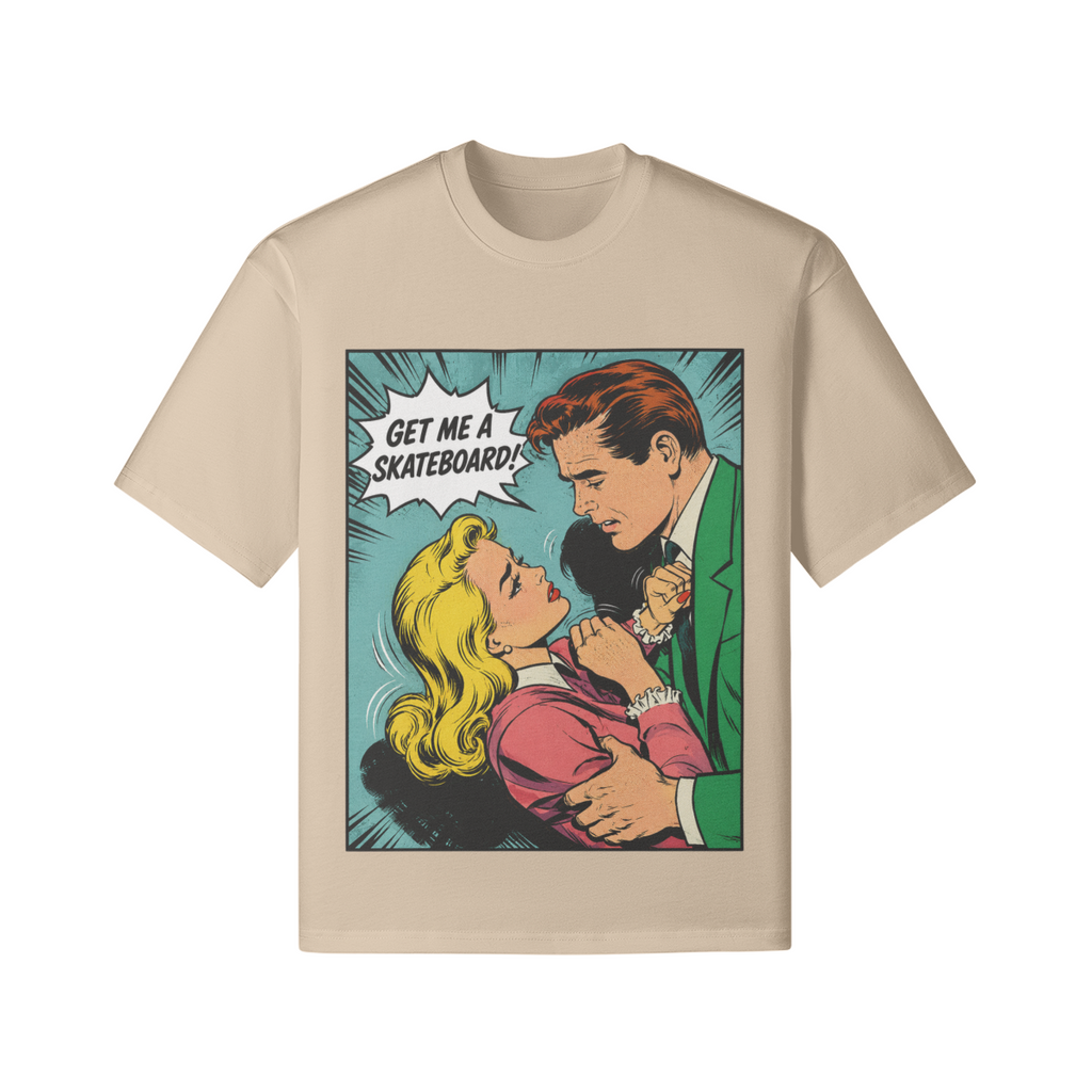 Retro Comic Skateboard T-Shirt mit Pop Art Motiv und Schriftzug Get Me A Skateboard