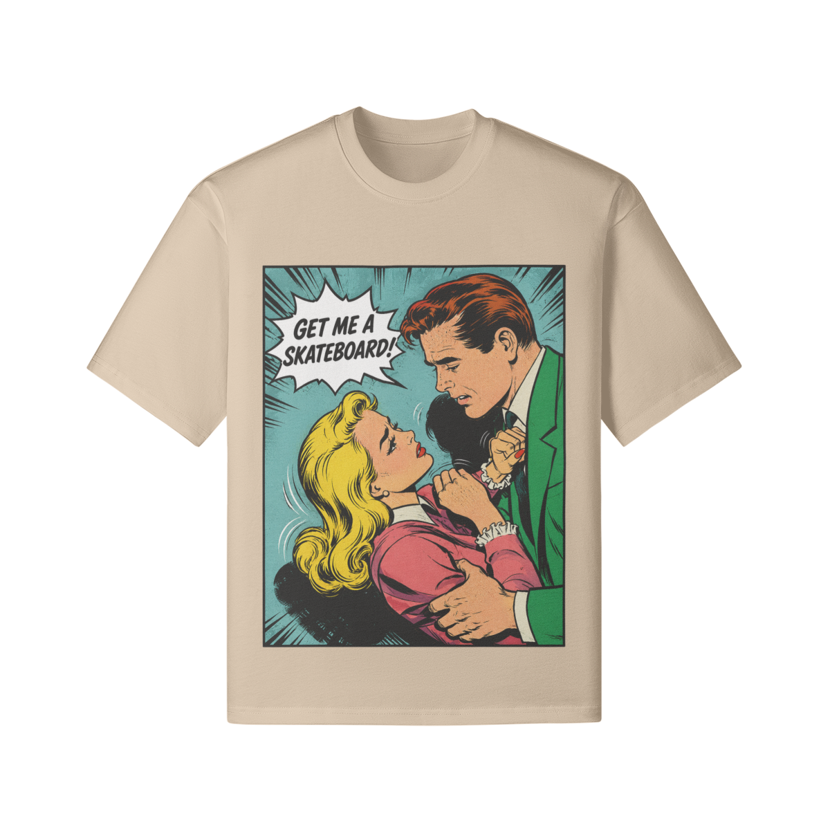 Retro Comic Skateboard T-Shirt mit Pop Art Motiv und Schriftzug Get Me A Skateboard
