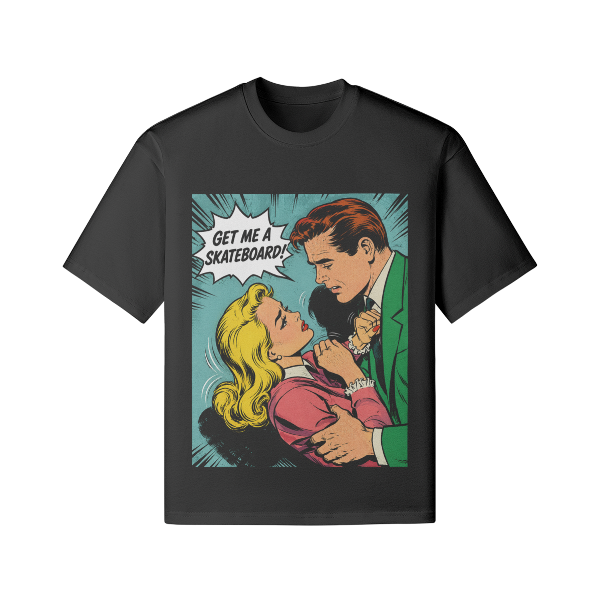 Retro Comic Skateboard T-Shirt mit Pop Art Motiv und Schriftzug Get Me A Skateboard