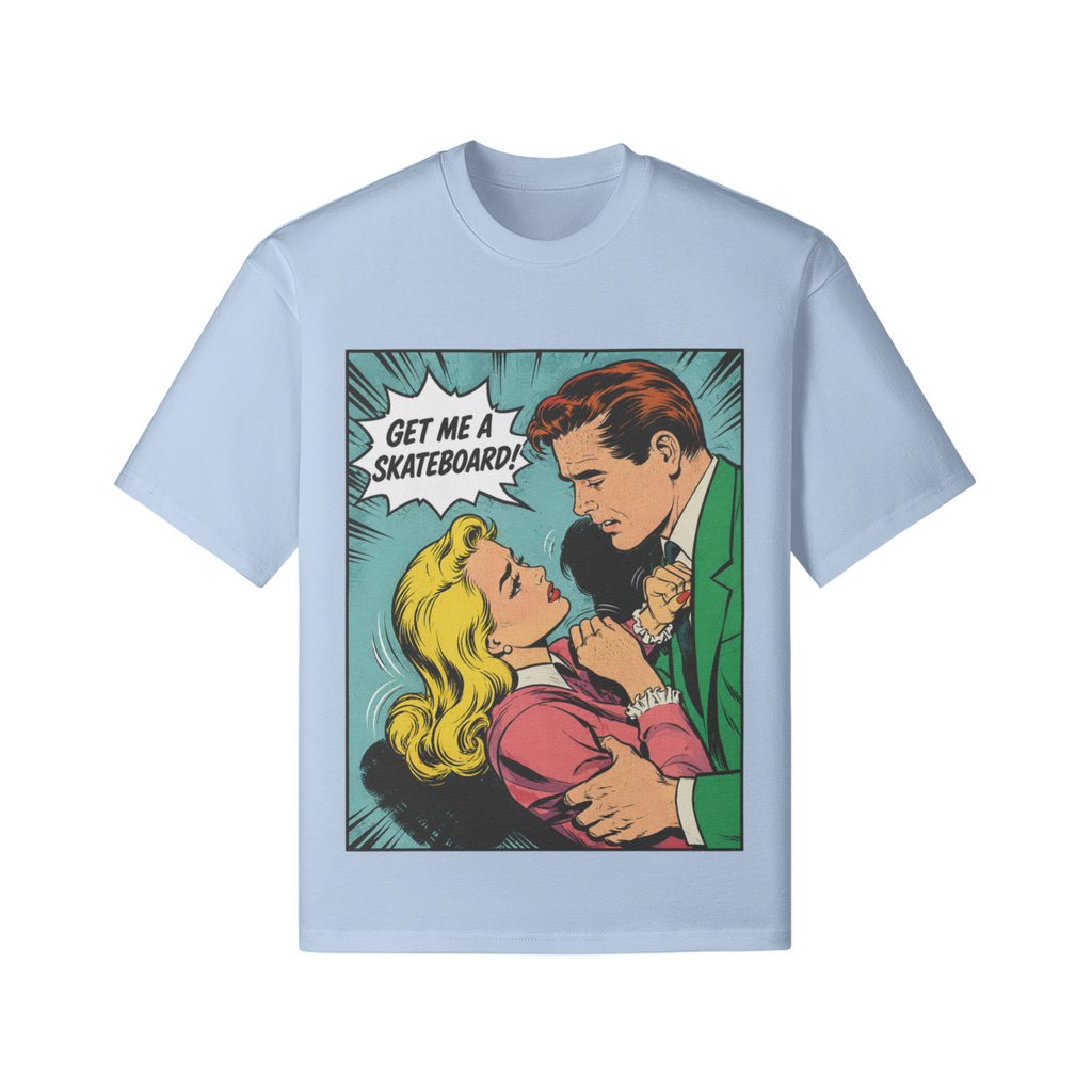 Retro Comic Skateboard T-Shirt mit Pop Art Motiv und Schriftzug Get Me A Skateboard