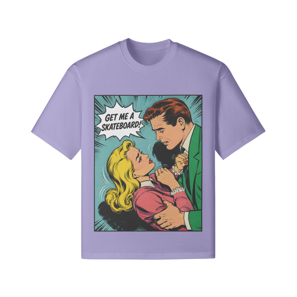 Retro Comic Skateboard T-Shirt mit Pop Art Motiv und Schriftzug Get Me A Skateboard