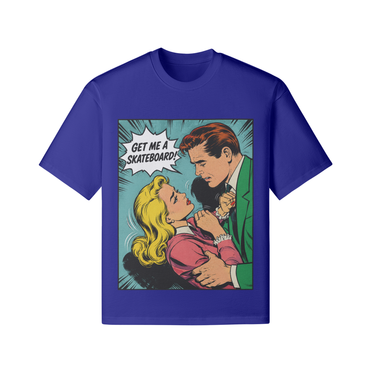 Retro Comic Skateboard T-Shirt mit Pop Art Motiv und Schriftzug Get Me A Skateboard