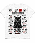 Weißes Katzen T-Shirt mit satirischem Geheimakten Design Top 10 Verdachtsmomente Trust No Purr