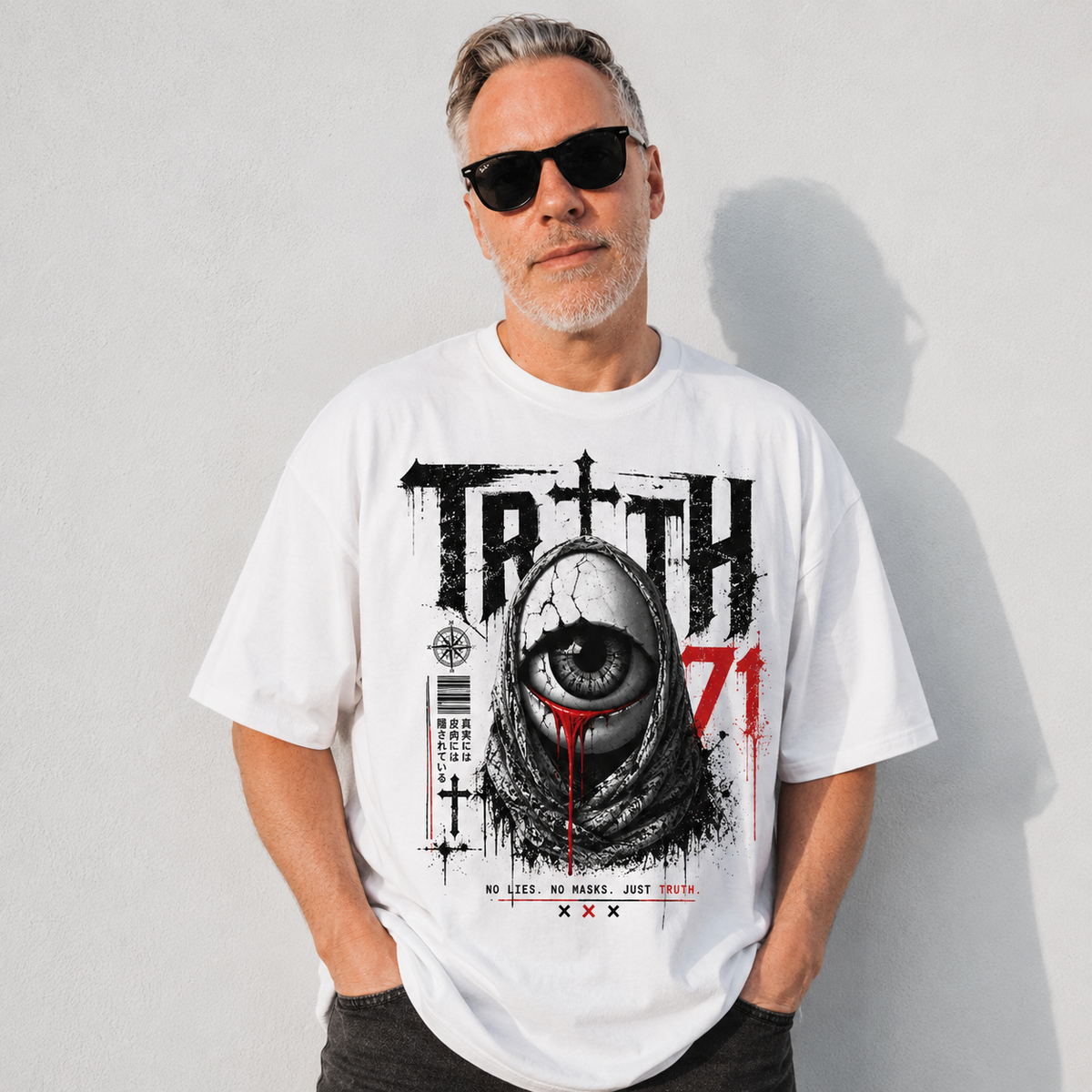 TRUTH 71 Gothic Eye T-Shirt in Weiß mit schwarzem Grunge-Print und roten Akzenten