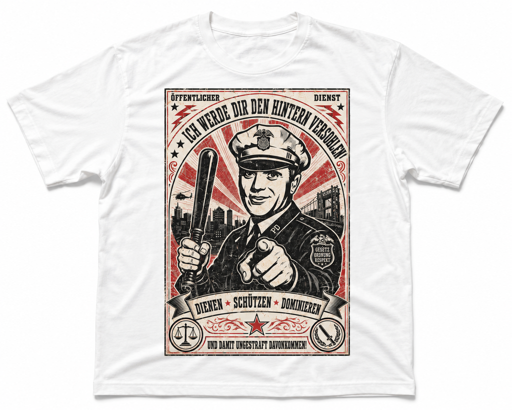Weißes Vintage T-Shirt mit satirischem Polizei-Poster im Retro-Propaganda-Stil und Distressed Print.