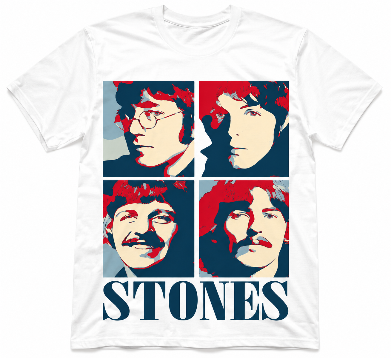 Vintage Pop Art Rockmusik T-Shirt mit satirischem Retro-Banddesign im Stil der 1960er Jahre