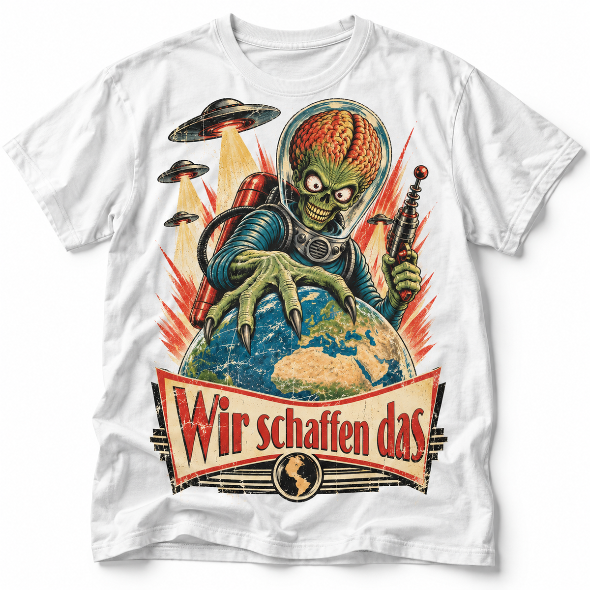Weißes Vintage Alien T-Shirt mit „Wir schaffen das“ Retro Sci-Fi Print und UFO Motiv