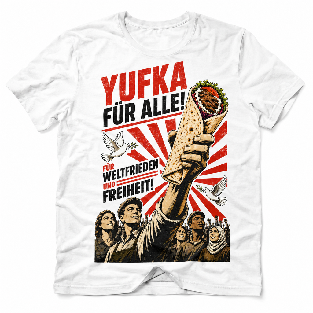 Weißes Yufka T-Shirt mit Retro-Propaganda-Motiv „Yufka für Alle – Für Weltfrieden und Freiheit“