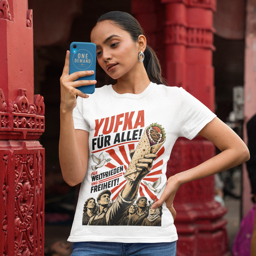 Weißes Yufka T-Shirt mit Retro-Propaganda-Motiv „Yufka für Alle – Für Weltfrieden und Freiheit“